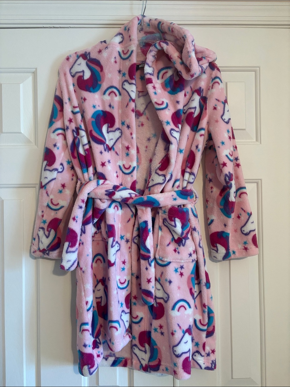 Lands' End Pink Unicorn & Rainbow Plush Girl Robe